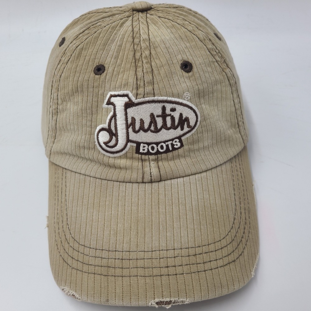 Women Justin Boots Hat Adjustable (Fits Small) Beige Distressed Western Logo